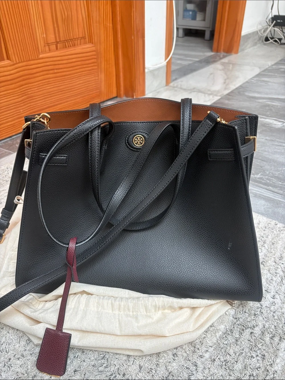 Tory Burch Black Leather Tote with Brown Interior and Burgundy Tag